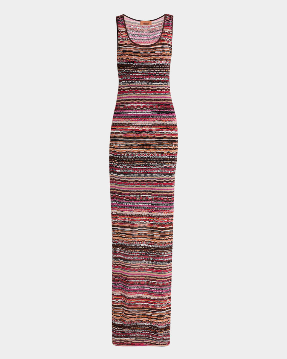 Metallic Wavy Chevron Scoop-Neck Sleeveless Maxi Dress